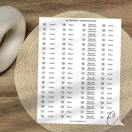 009B Stickers | Specialists | French | Music | Phys. Ed. | Drama | Autocollants - Créations KingA+