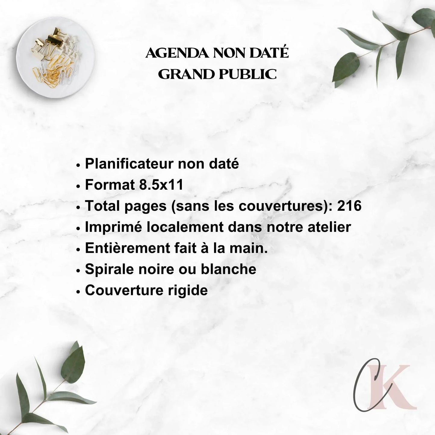 Agenda Planificateur Non Daté Grand Public | Couverture Rigide | 8.5x11