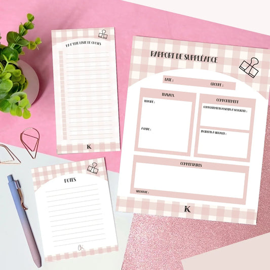 Ensemble de blocs-notes pour suppléante | Carreaux roses