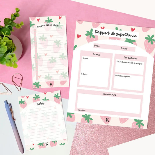 Ensemble de blocs-notes pour suppléante | Fraises pastel