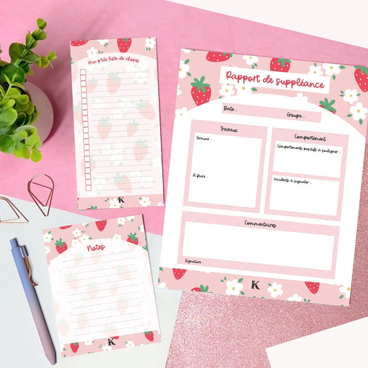 Ensemble de blocs-notes pour suppléante | Fraises sur fond rose