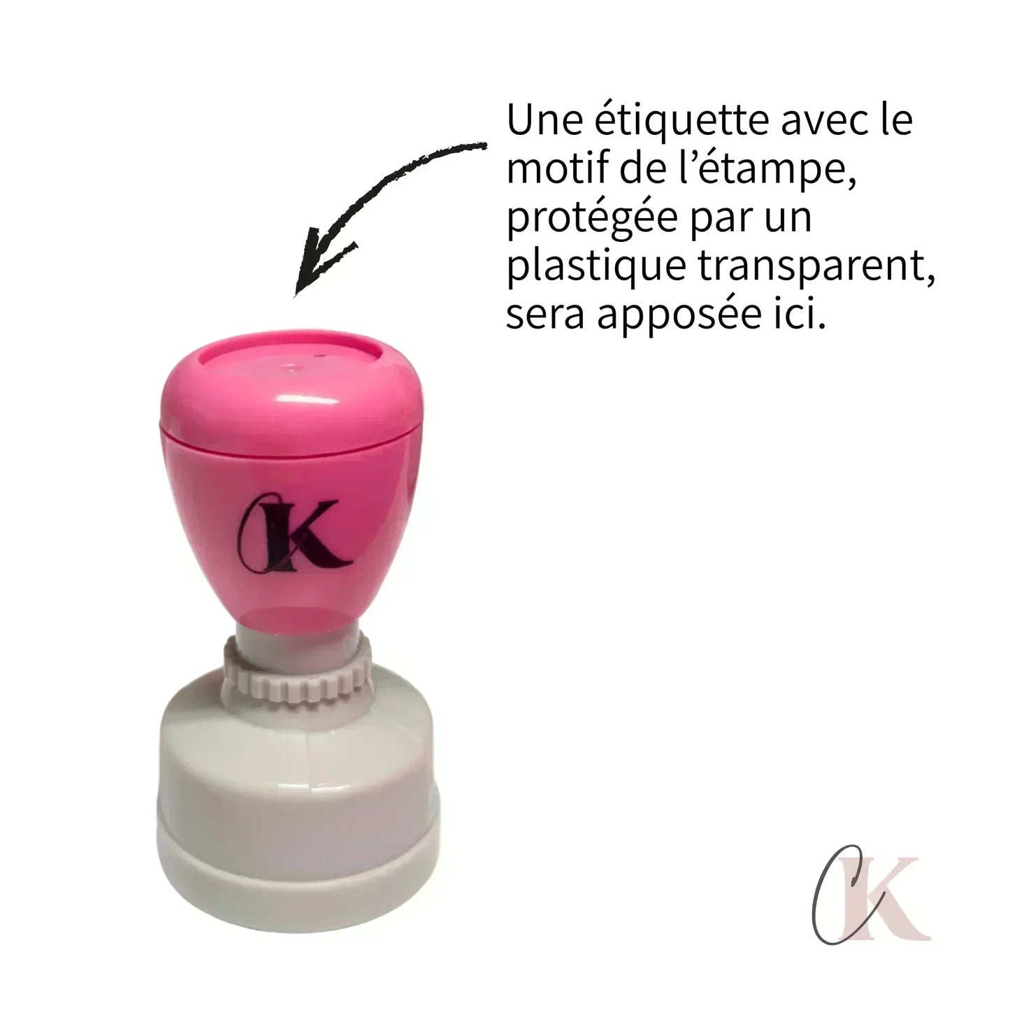 Pink and white round stamp with a 'K' initial, label placement area indicated.