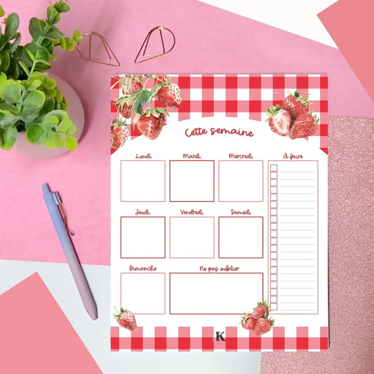 Planificateur semainier | Fraises rouges à motif carreaux