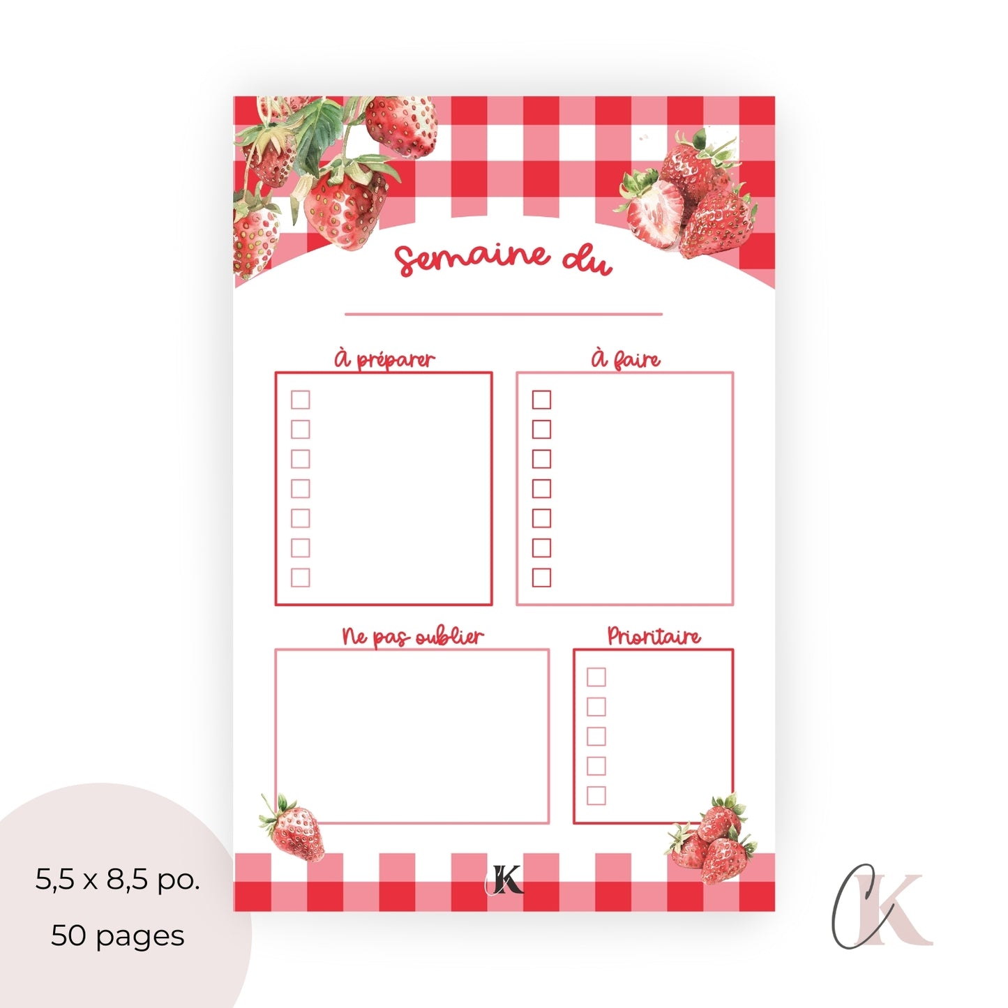 Planificateur semainier pour enseignants | Fraises rouges à motif carreaux