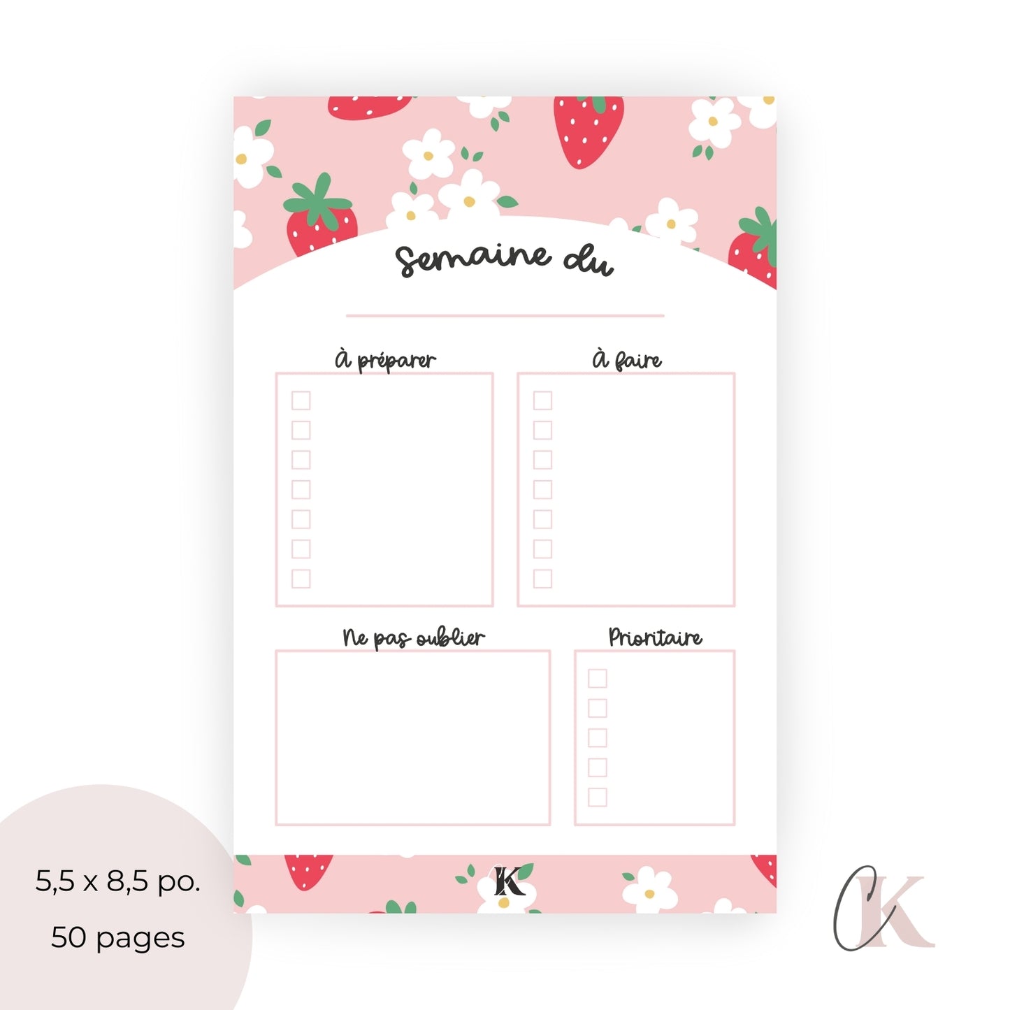 Planificateur semainier pour enseignants | Fraises sur fond rose