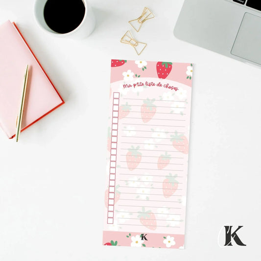 Liste de tâches | Fraises rouges et petites fleurs sur fond rose (To do list) - Papeterie