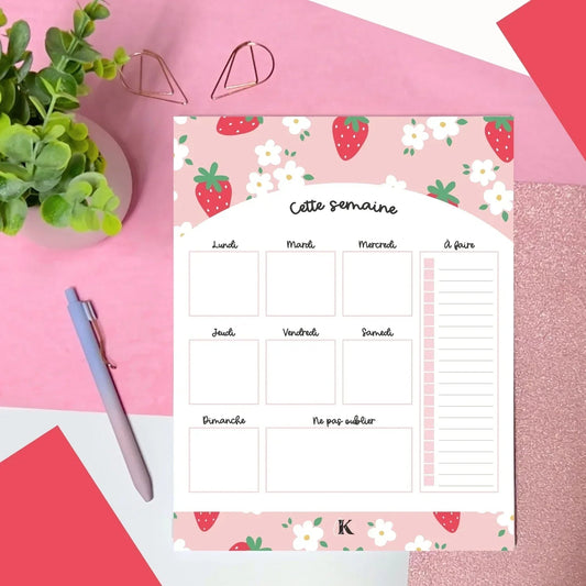 Planificateur semainier | Fraises sur fond rose - Papeterie