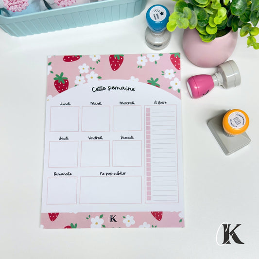 Planificateur semainier | Fraises sur fond rose - Papeterie