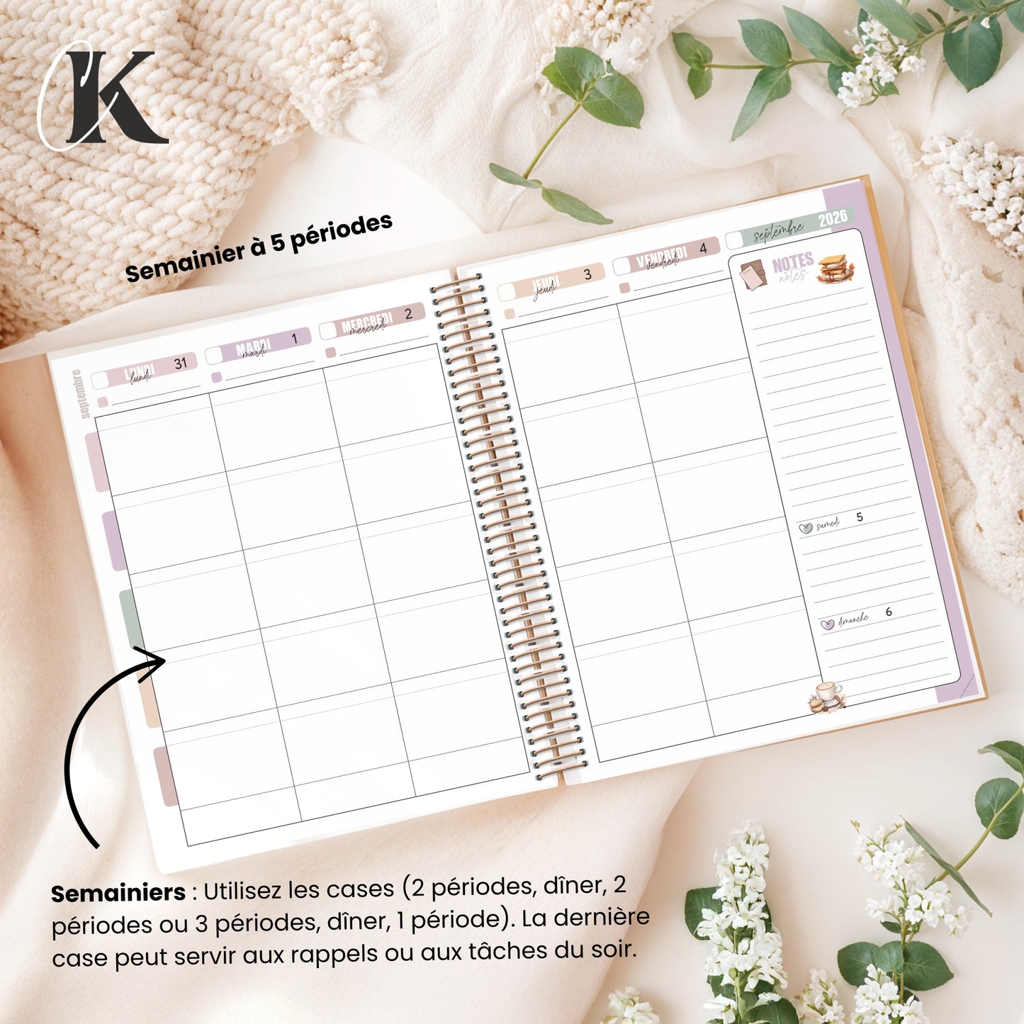 Agenda planificateur enseignant 2026-2027 | 5 périodes | Fleurie