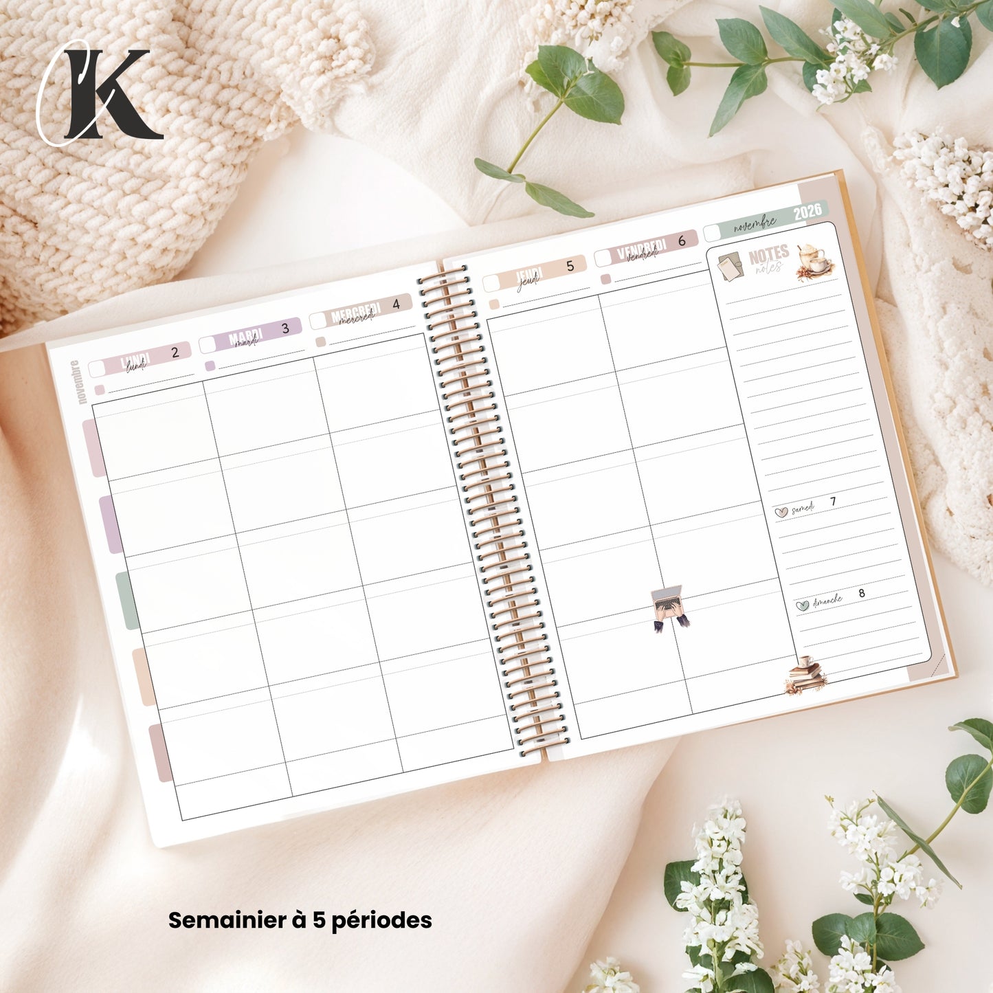 Agenda planificateur enseignant 2026-2027 | 5 périodes | Fleurie