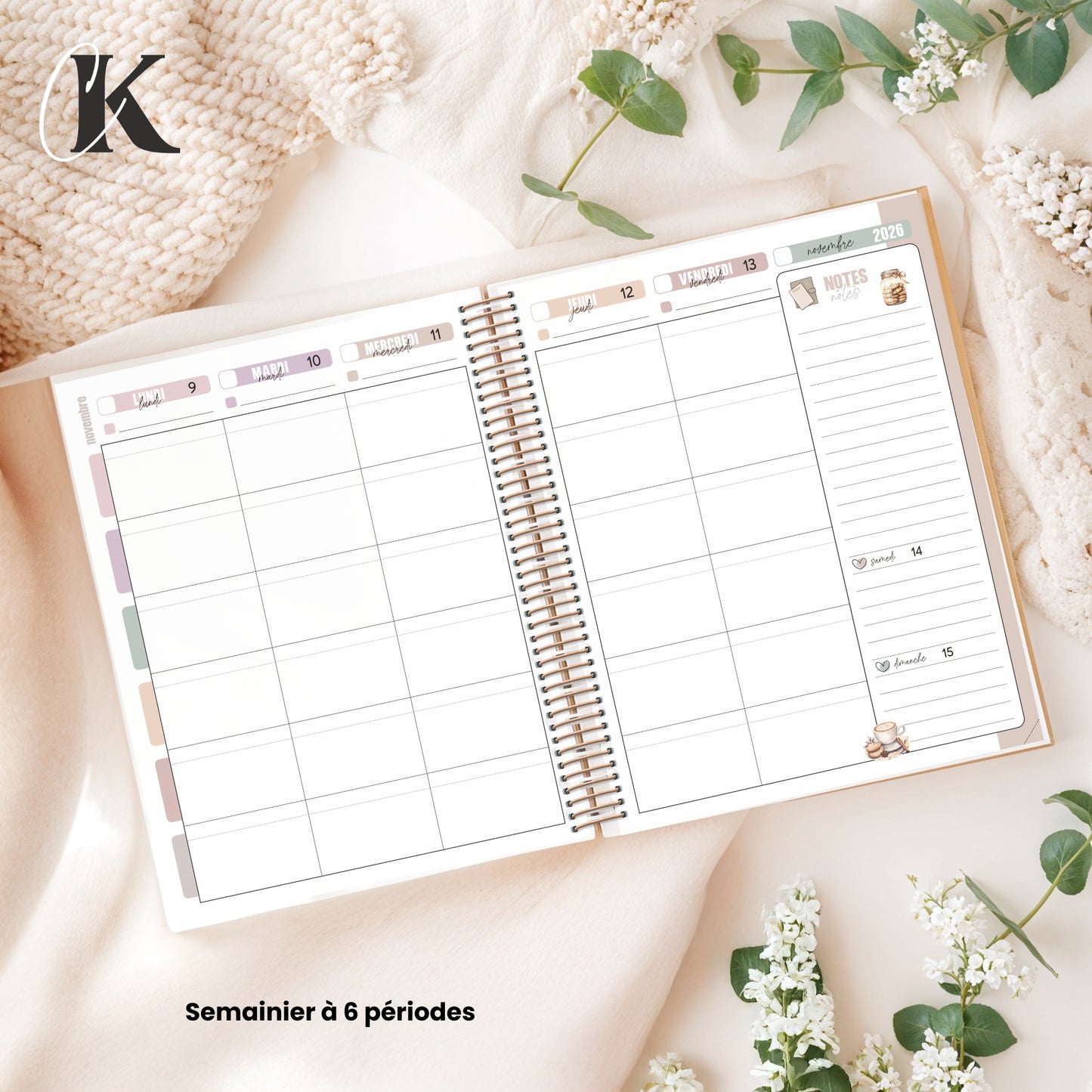 Agenda planificateur enseignant 2026-2027 | 6 périodes | Vintage/Rétro