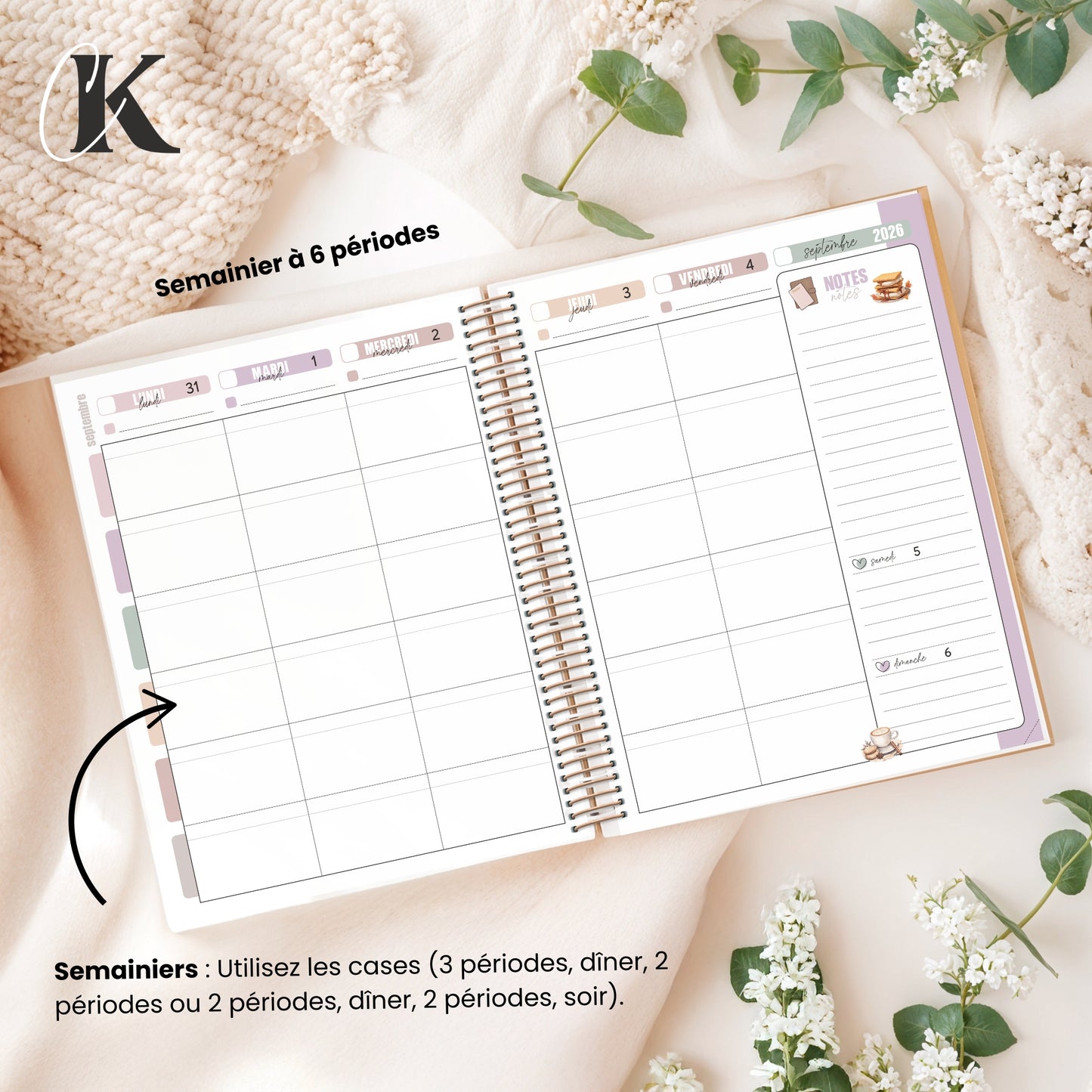 Agenda planificateur enseignant 2026-2027 | 6 périodes | Vintage/Rétro