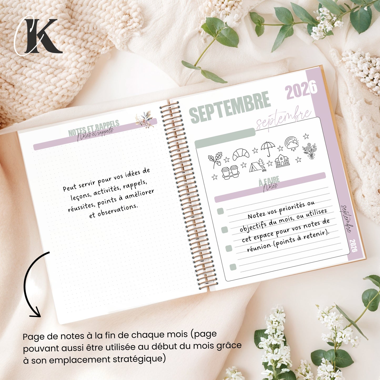 Agenda planificateur enseignant 2026-2027 | 5 périodes | Fleurie