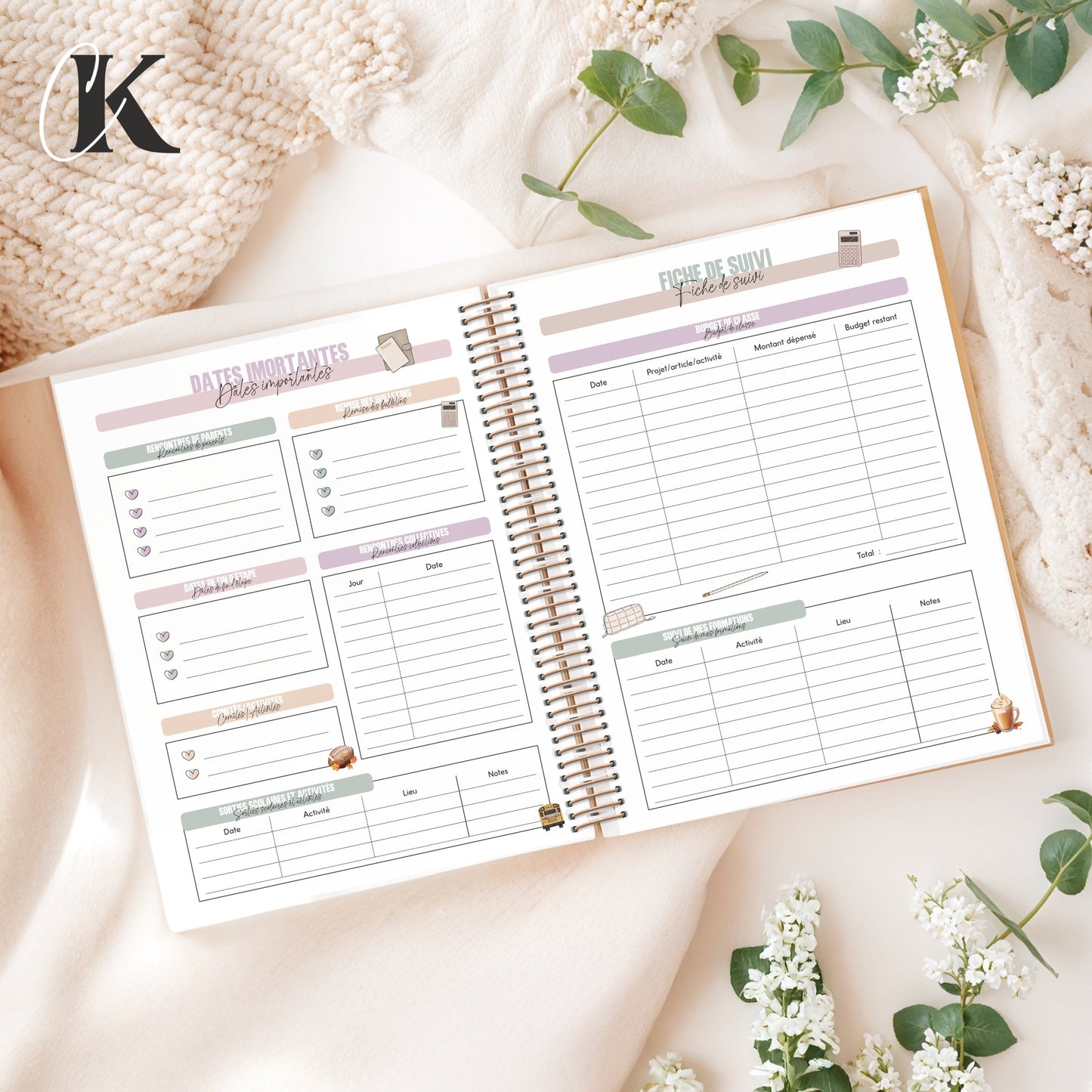 Agenda planificateur enseignant 2026-2027 | 5 périodes | Fleurie