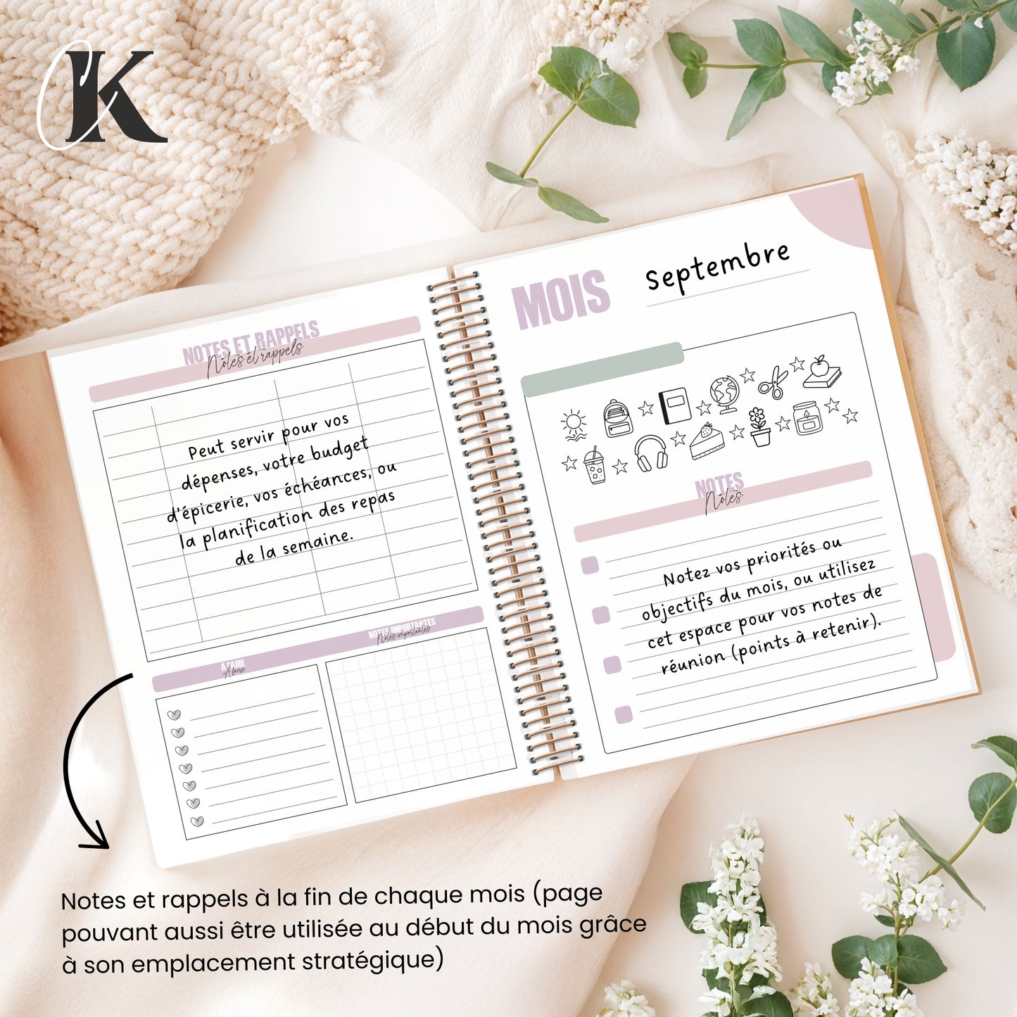 Agenda perpétuel | Planificateur non daté | Rétro rose