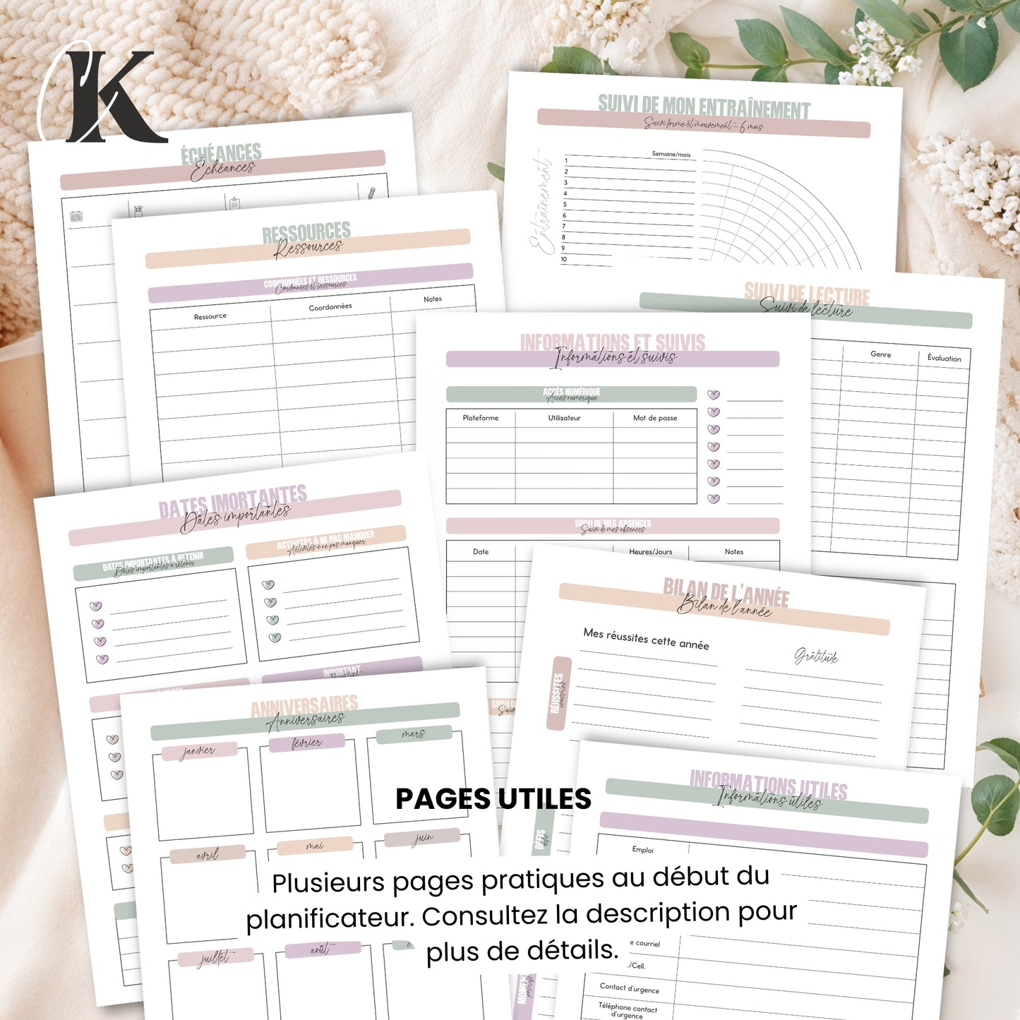 Agenda perpétuel | Planificateur non daté | Rétro rose