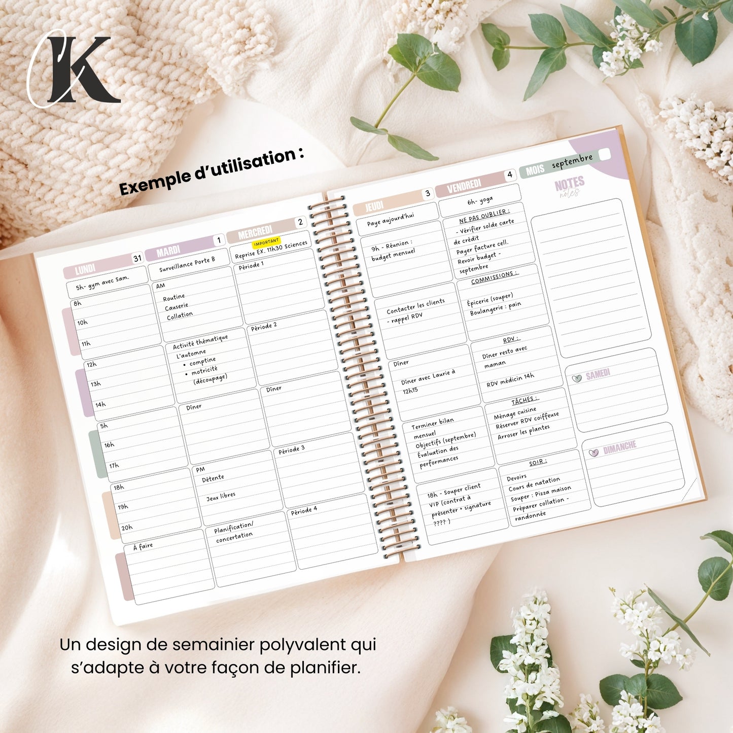 Agenda perpétuel | Planificateur non daté | Rétro rose