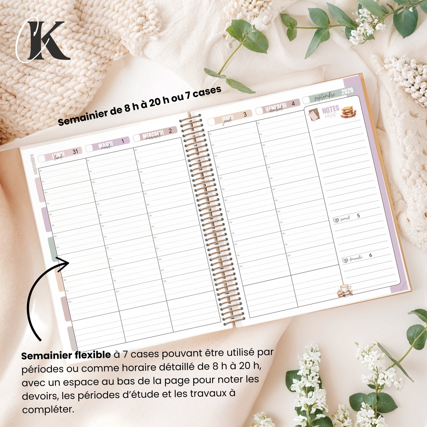 Agenda planificateur 2026/2027 | Étudiant | 7 cases/8h-20h | Élégance
