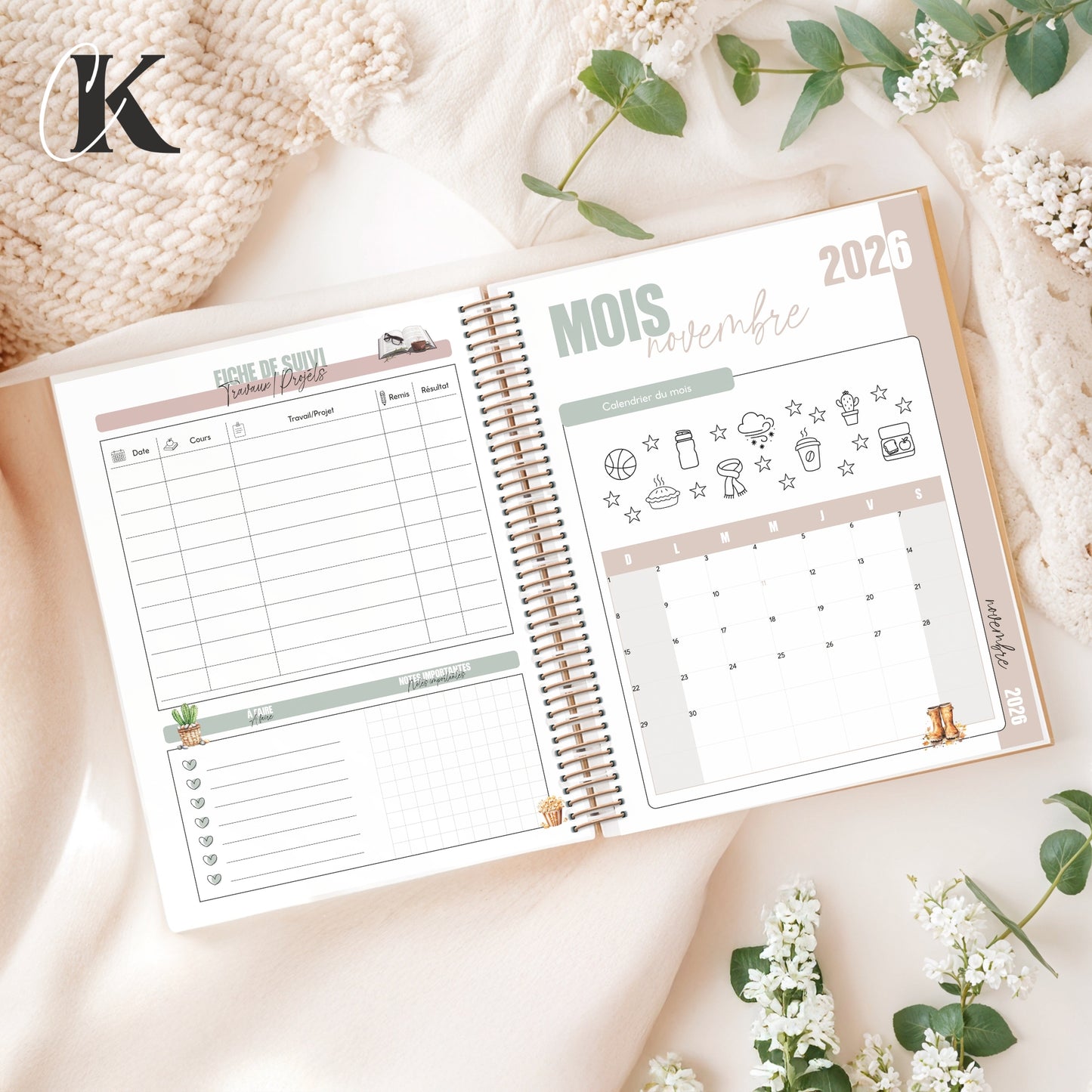 Agenda planificateur 2026/2027 | Étudiant | 7 cases/8h-20h | Élégance