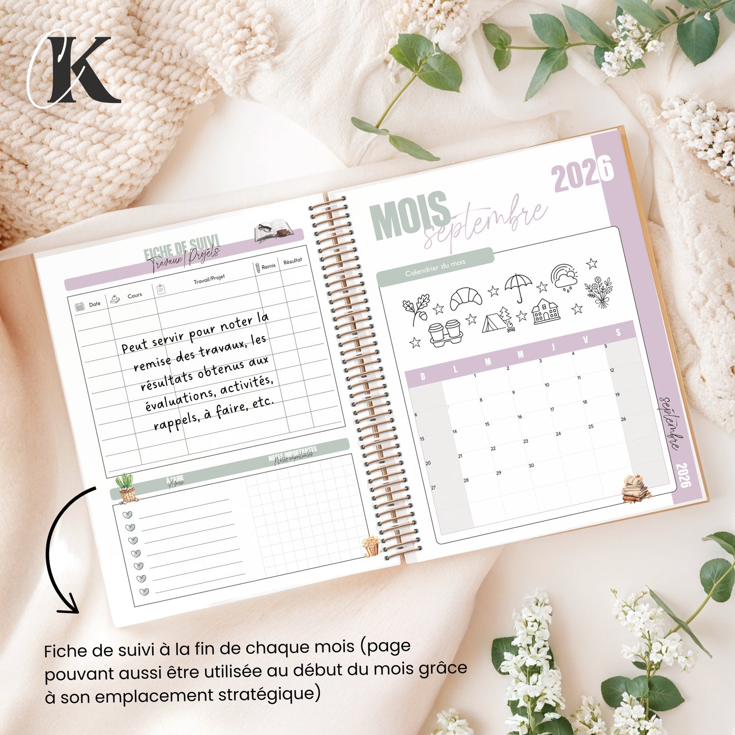 Agenda planificateur 2026/2027 | Étudiant | 7 cases/8h-20h | Élégance