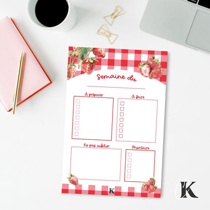 Planificateur semainier pour enseignants | Fraises rouges à motif carreaux