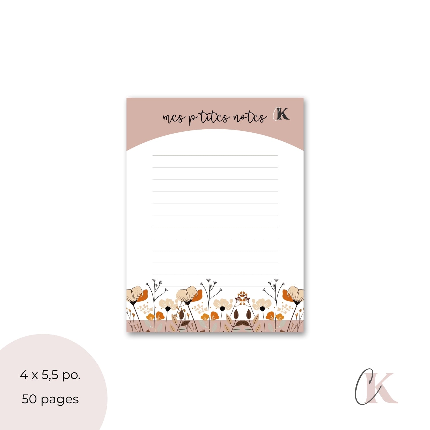 Mes p'tites notes | Blocs-notes boho rose poudré à motif floral