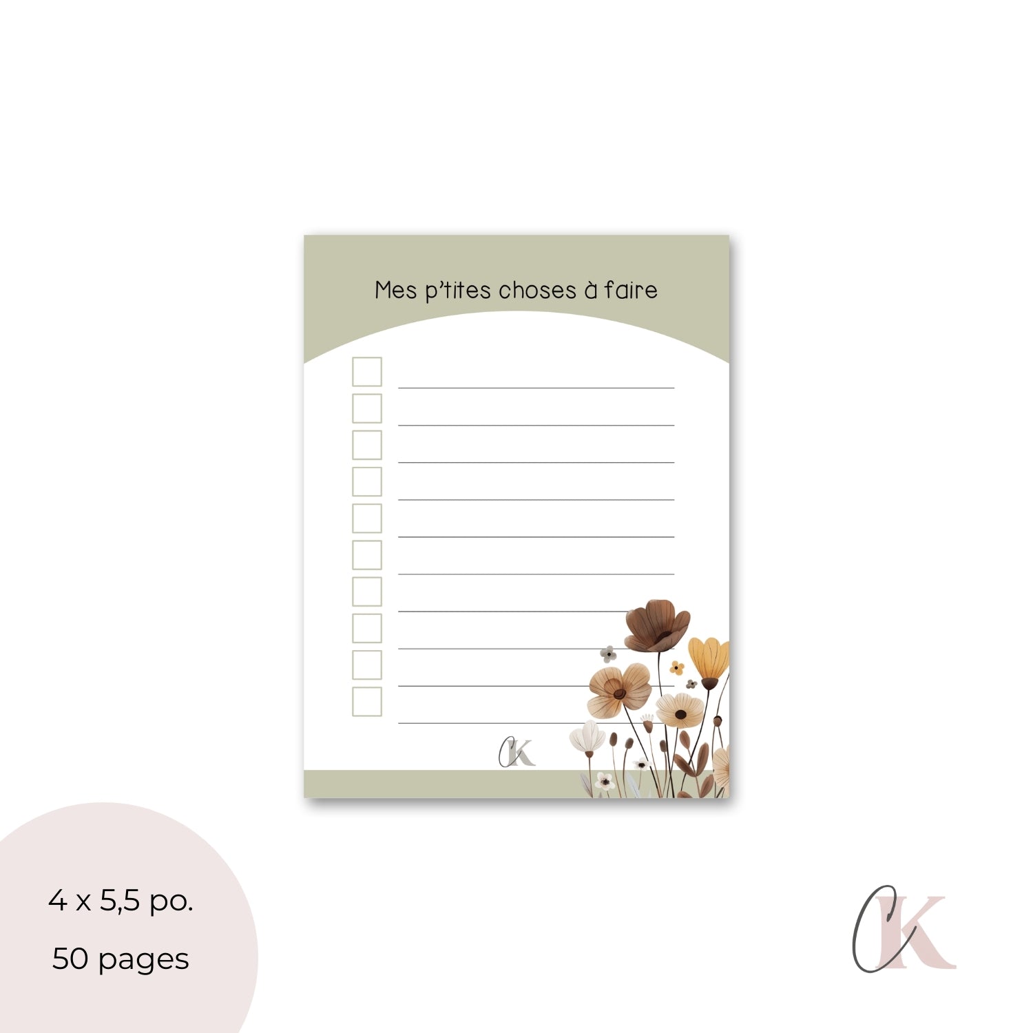 Mes P'tites choses à faire | Bloc-notes bohème floral | Vert