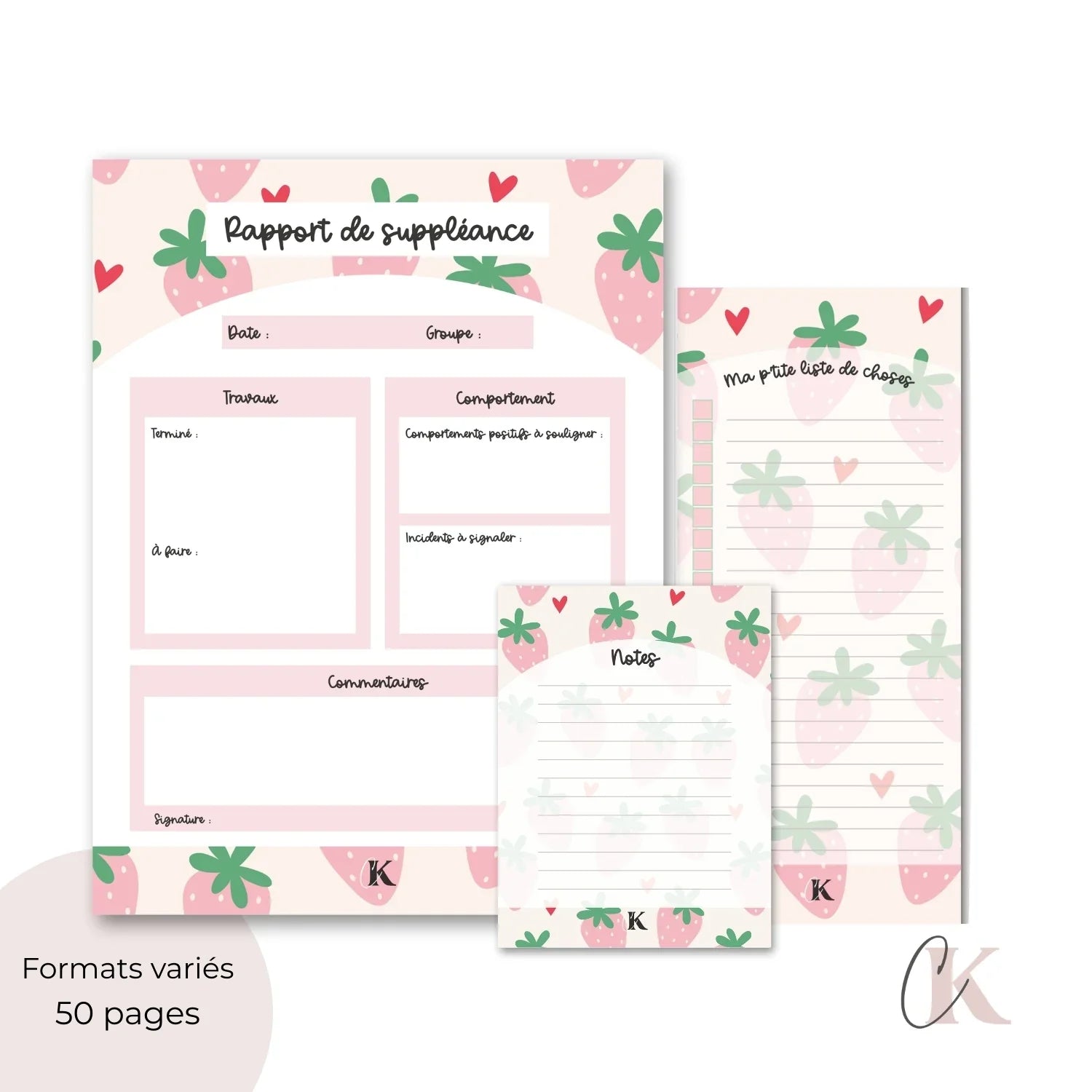 Ensemble de blocs-notes pour suppléante | Fraises pastel