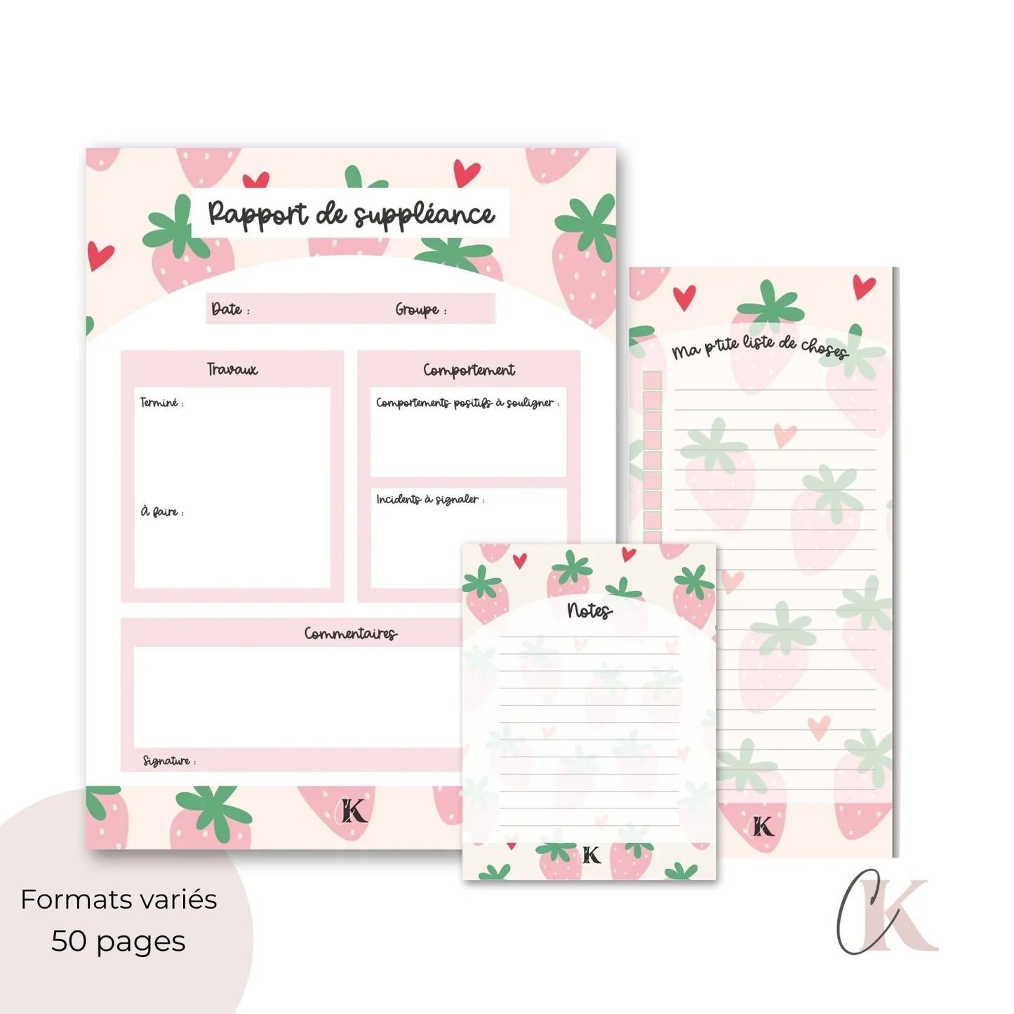 Ensemble de blocs-notes pour suppléante | Fraises pastel