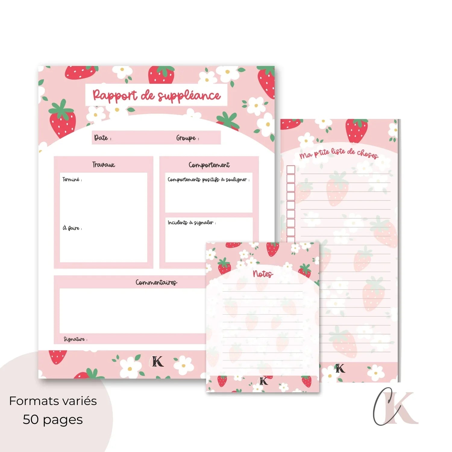 Ensemble de blocs-notes pour suppléante | Fraises sur fond rose