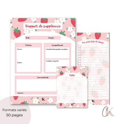 Ensemble de blocs-notes pour suppléante | Fraises sur fond rose