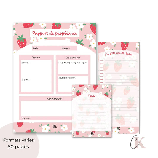 Ensemble de blocs-notes pour suppléante | Fraises sur fond rose