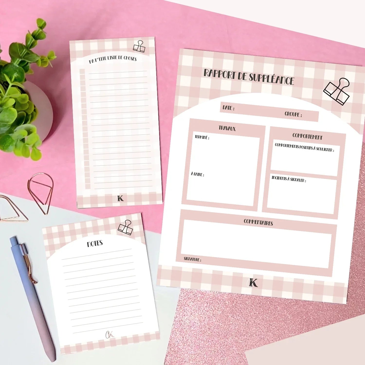 Ensemble de blocs-notes pour suppléante | Carreaux roses