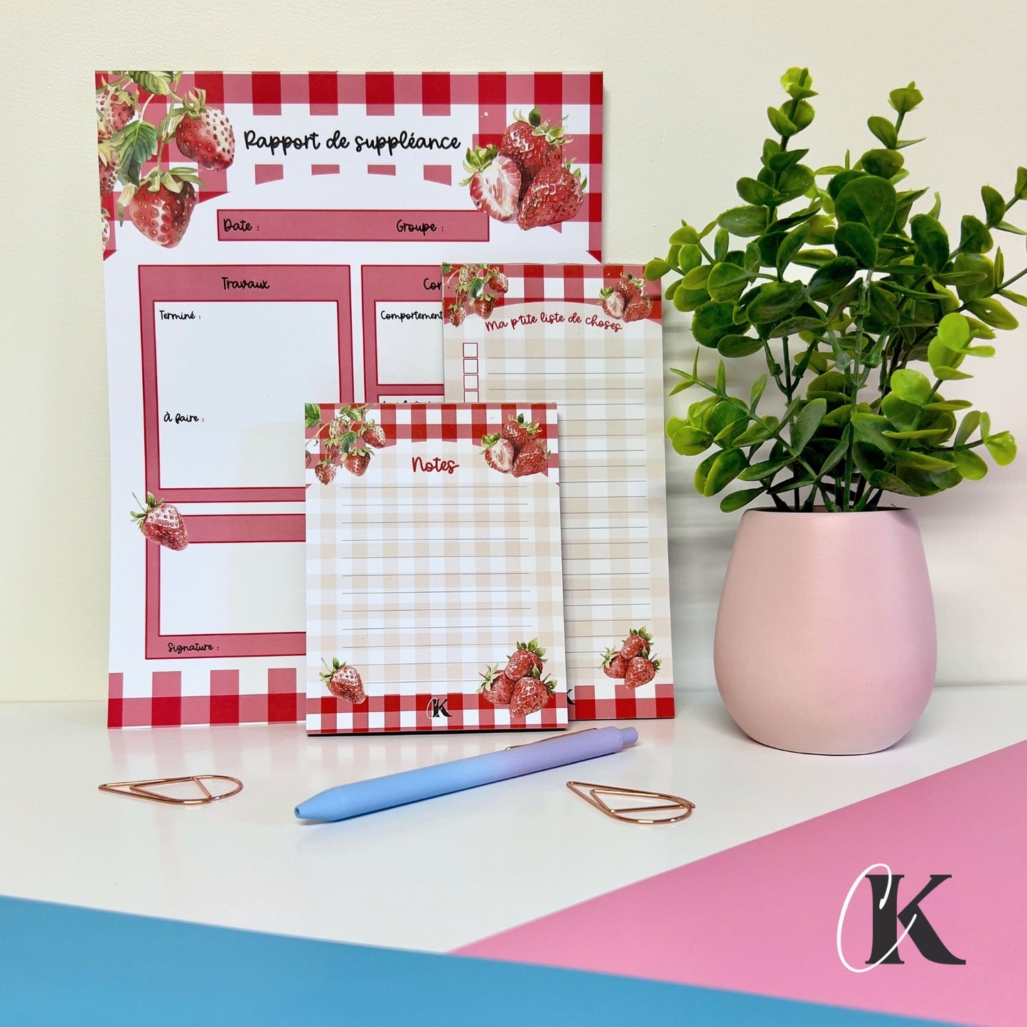 Ensemble de blocs-notes pour suppléante | Fraises rouges à motif carreaux