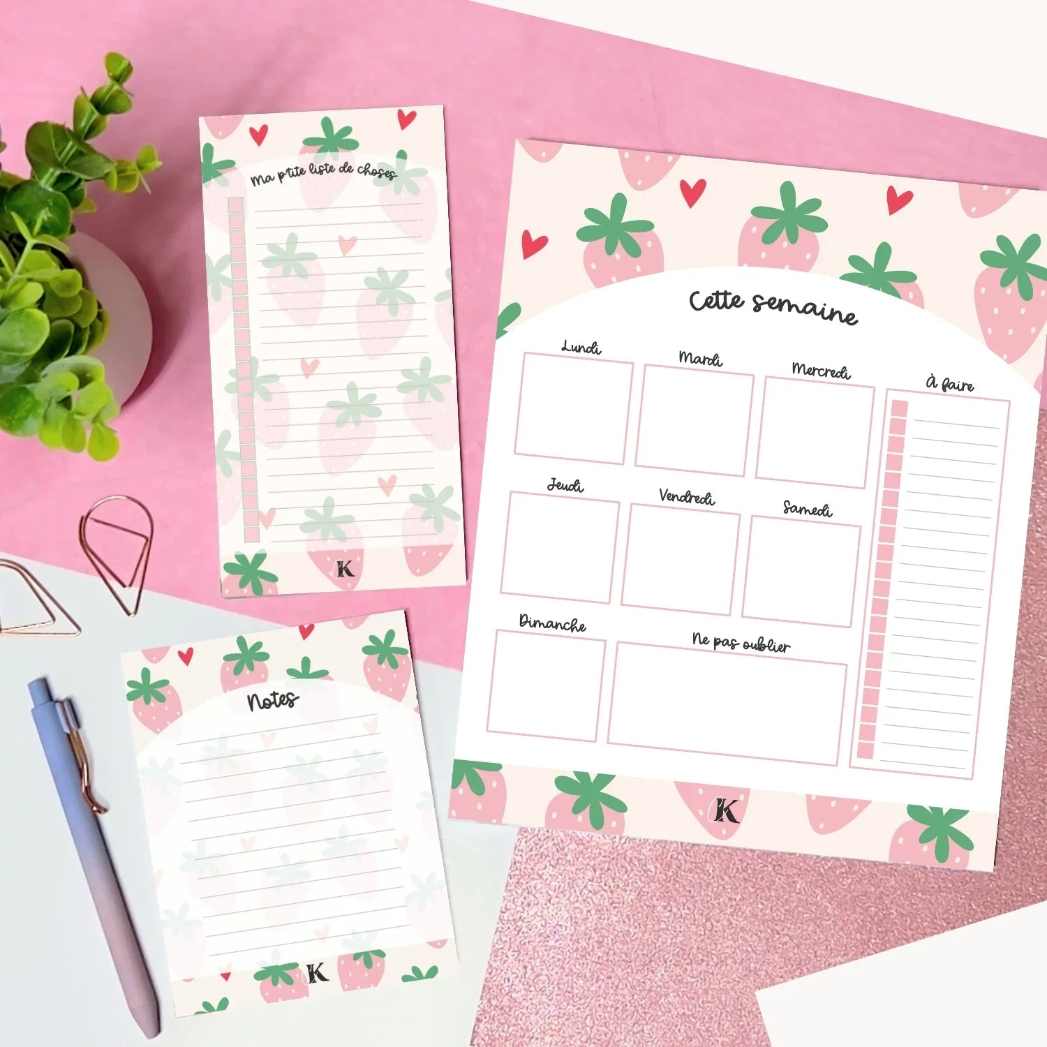 Ensemble de planificateur et blocs-notes | Fraises pastel