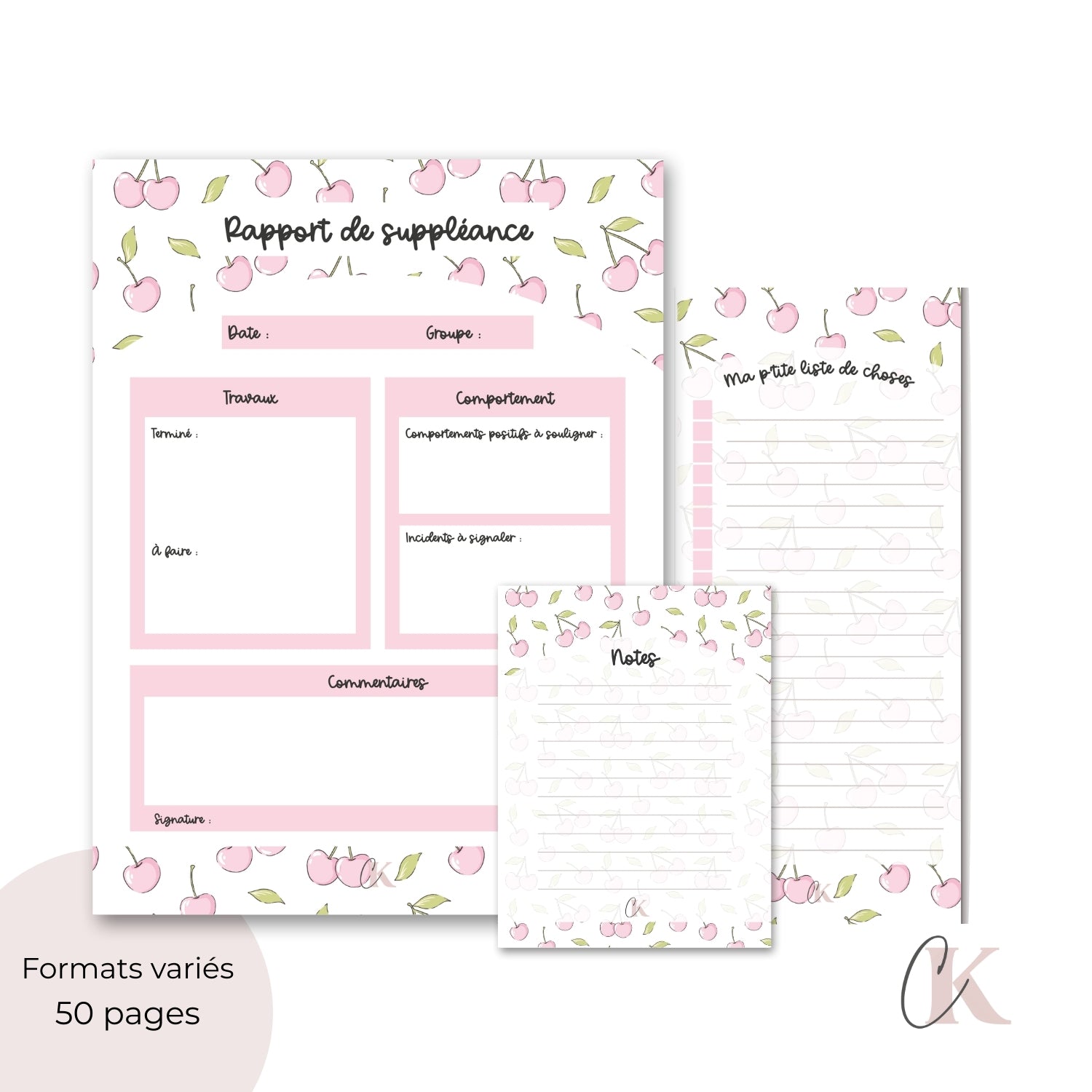 Ensemble de blocs-notes pour suppléante | Cerises roses