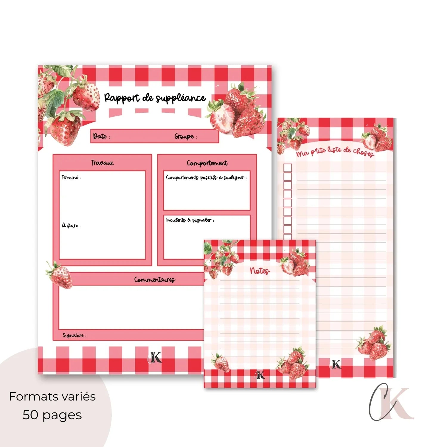 Ensemble de blocs-notes pour suppléante | Fraises rouges à motif carreaux