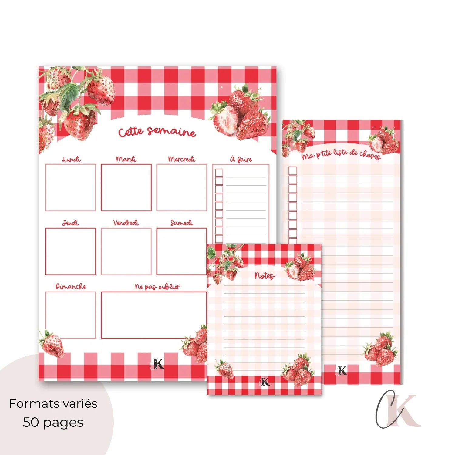 Ensemble de planificateur et blocs-notes | Fraises rouges à motif carreaux