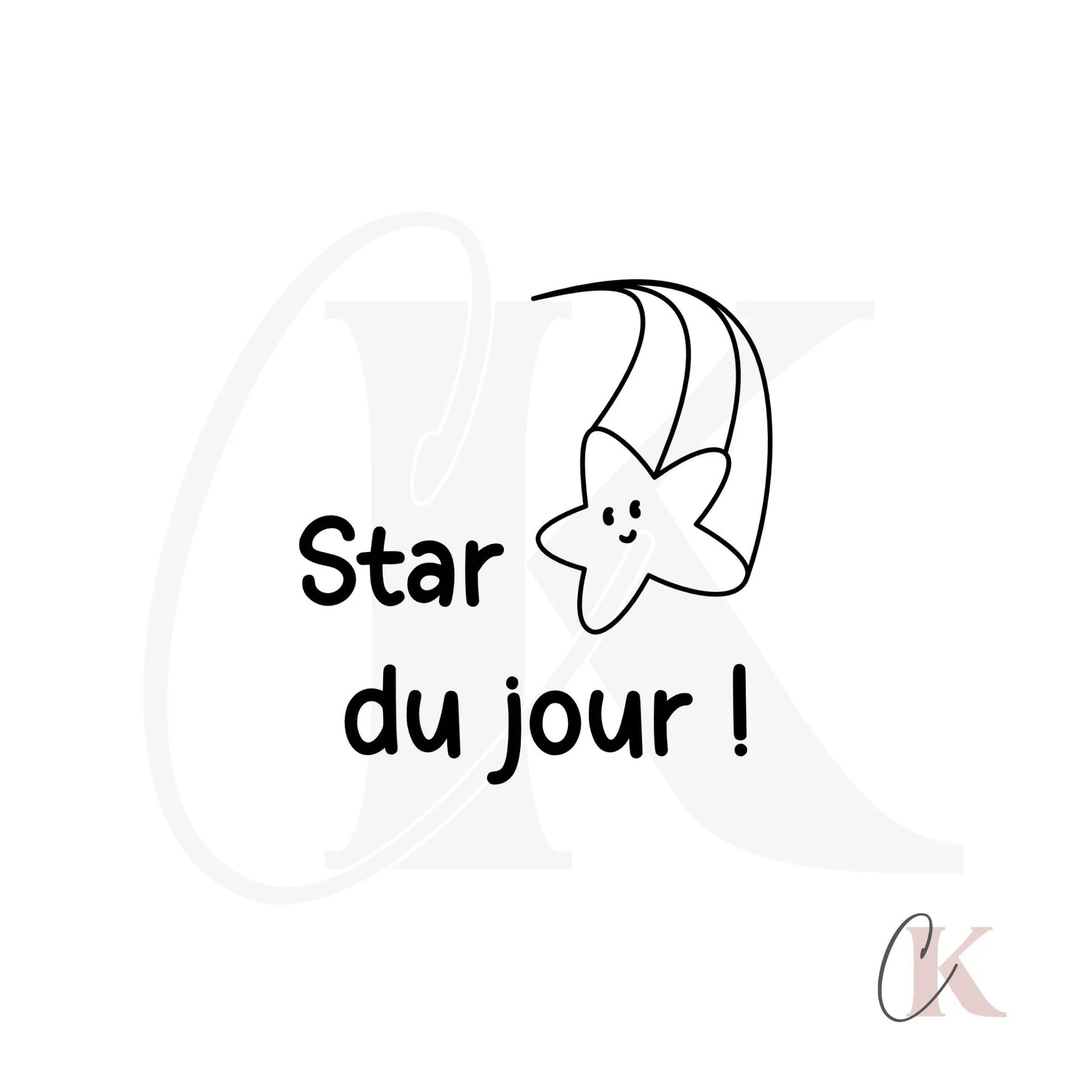 Cute shooting star illustration with smiling face and text 'Star du jour!' in black on white