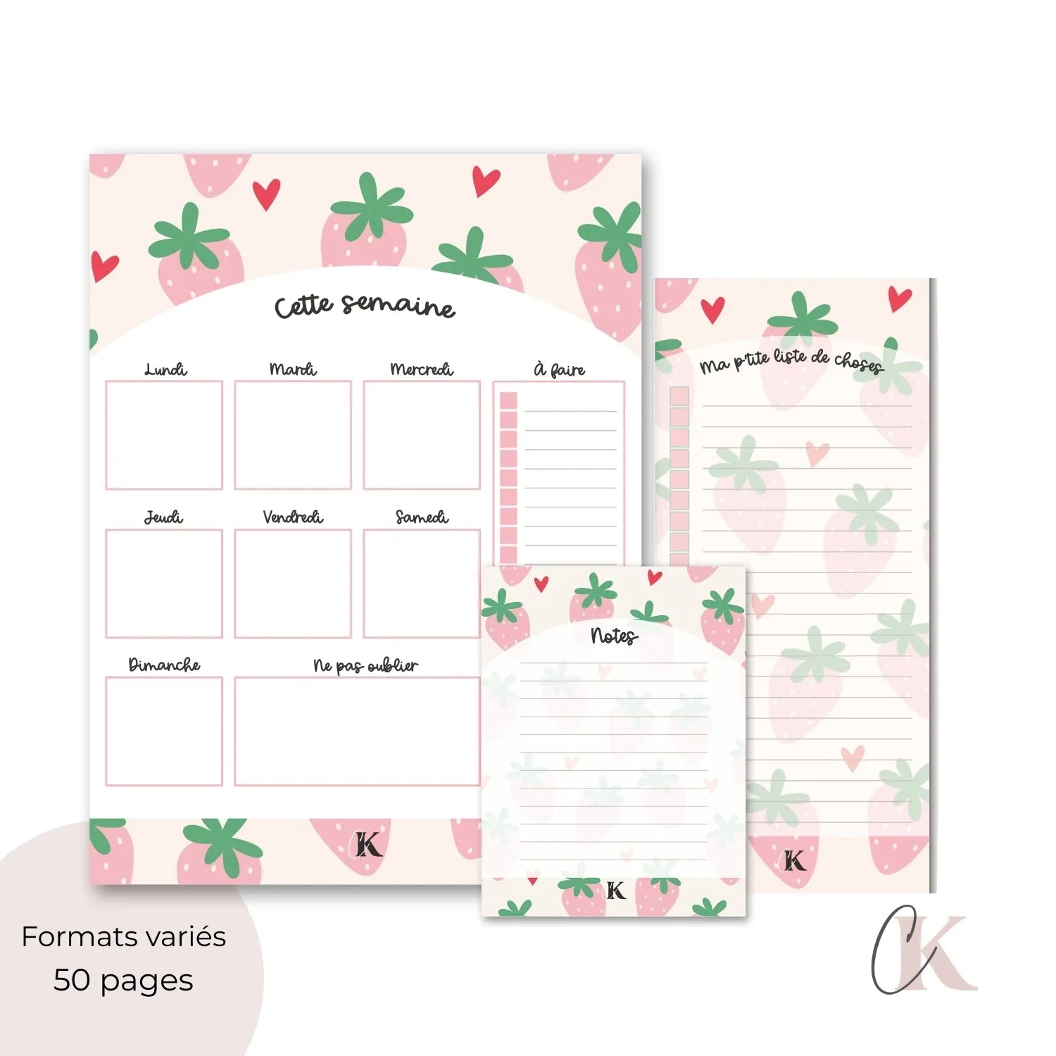 Ensemble de planificateur et blocs-notes | Fraises pastel