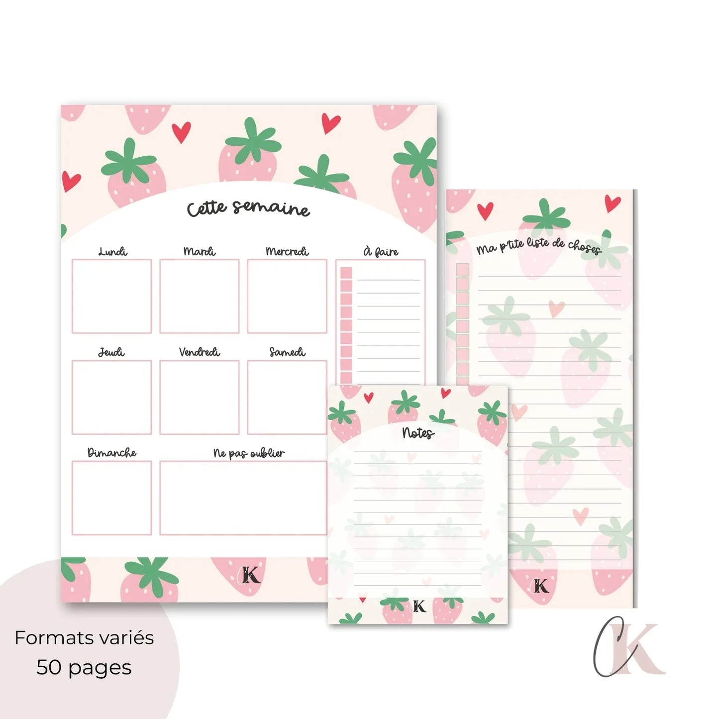 Ensemble de planificateur et blocs-notes | Fraises pastel