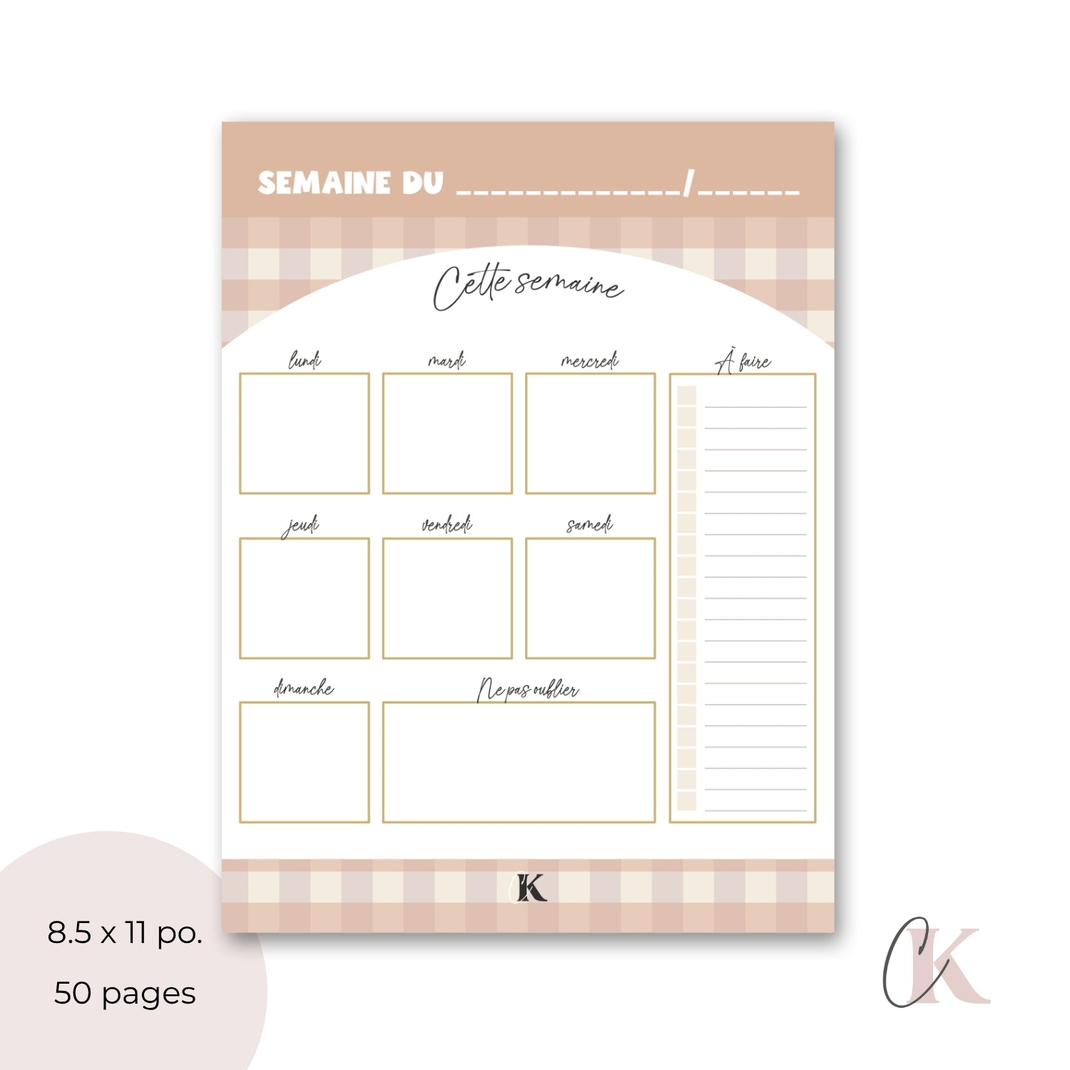 Planificateur semainier | Motif carreaux | Rétro Automne