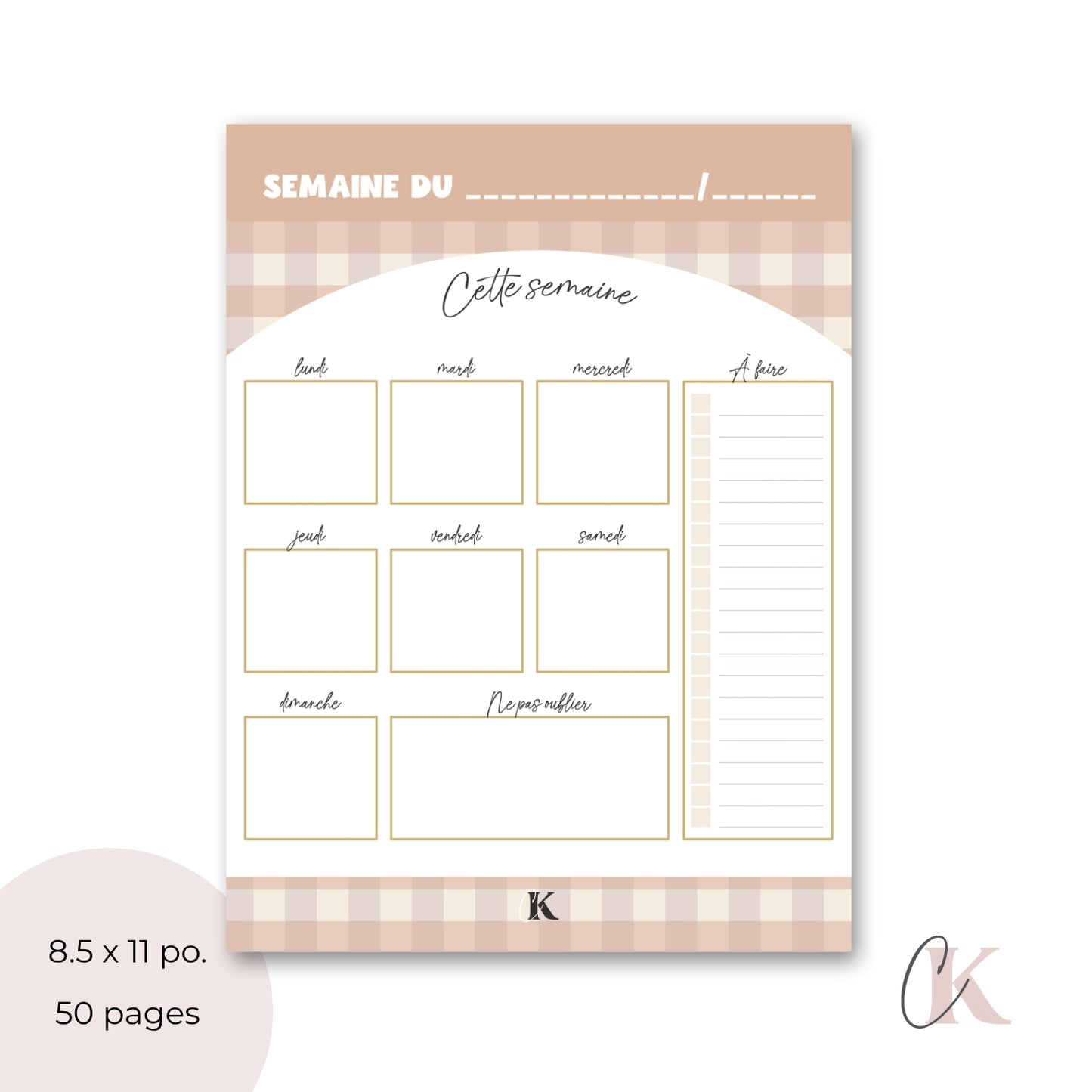 Planificateur semainier | Motif carreaux | Rétro Automne