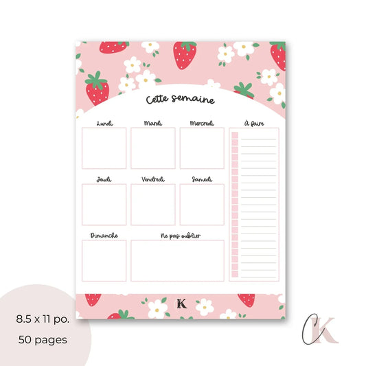 Planificateur semainier | Fraises sur fond rose