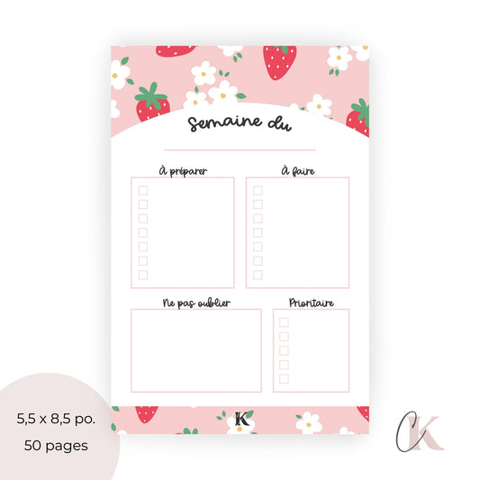 Planificateur semainier pour enseignants | Fraises sur fond rose