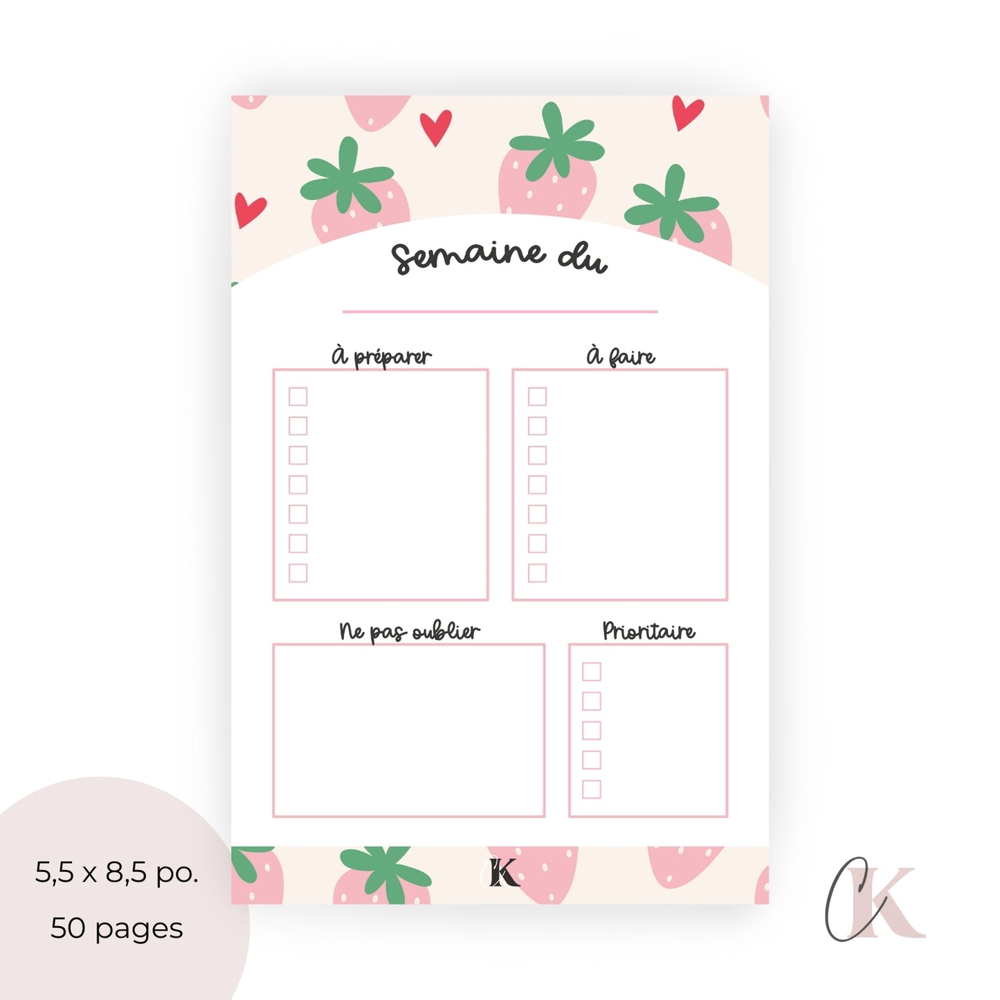 Planificateur semainier pour enseignants | Fraises roses pastel