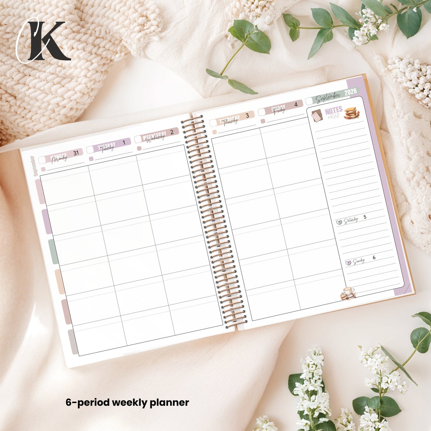 2026-2027 Teacher Planner | 6 periods/blocks | Elegance