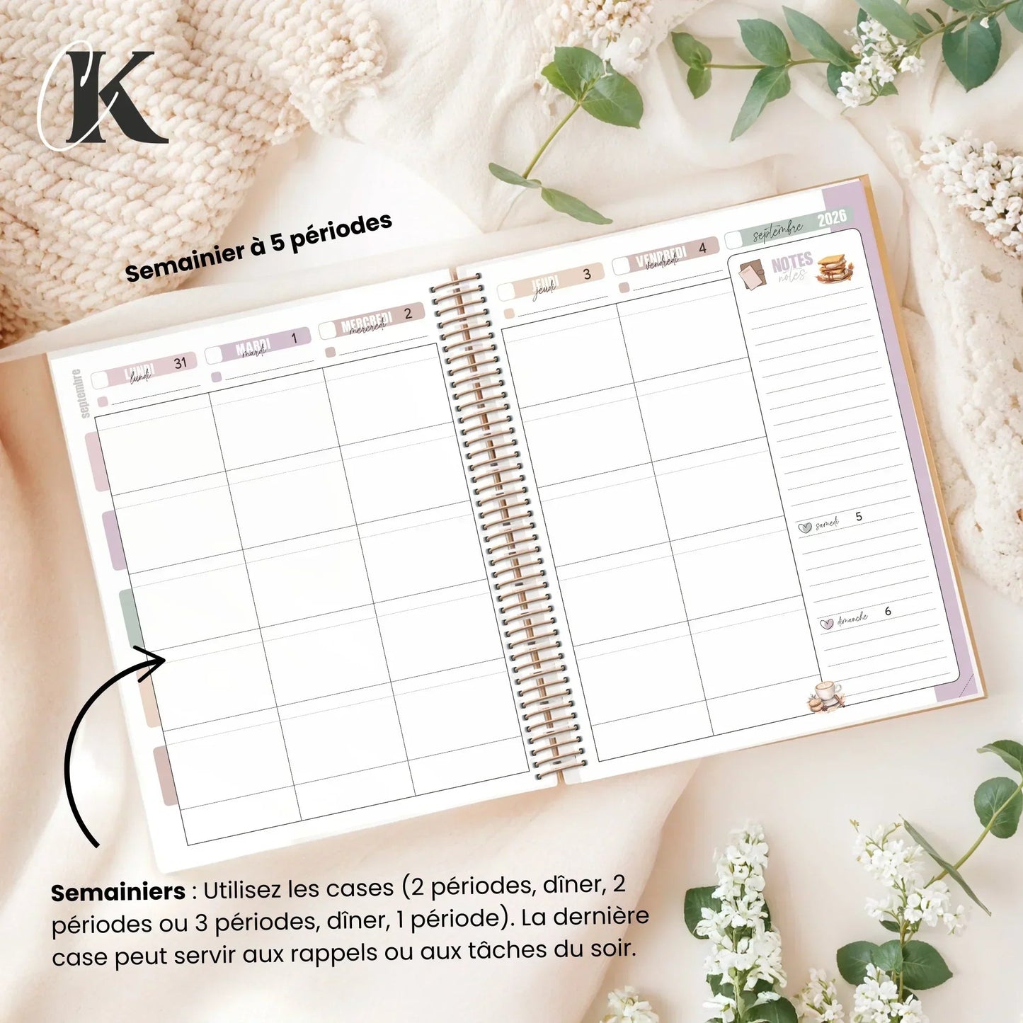 Agenda planificateur enseignant 2026 - 2027 | 5 périodes | Vintage/Rétro - Agendas et planificateurs