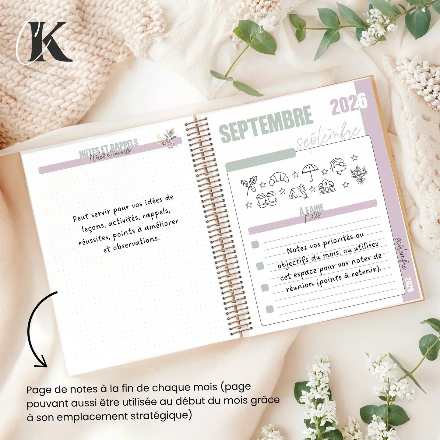 Agenda Planificateur Enseignant 2026 - 2027 | 6 périodes | Fleurie - Agendas et planificateurs