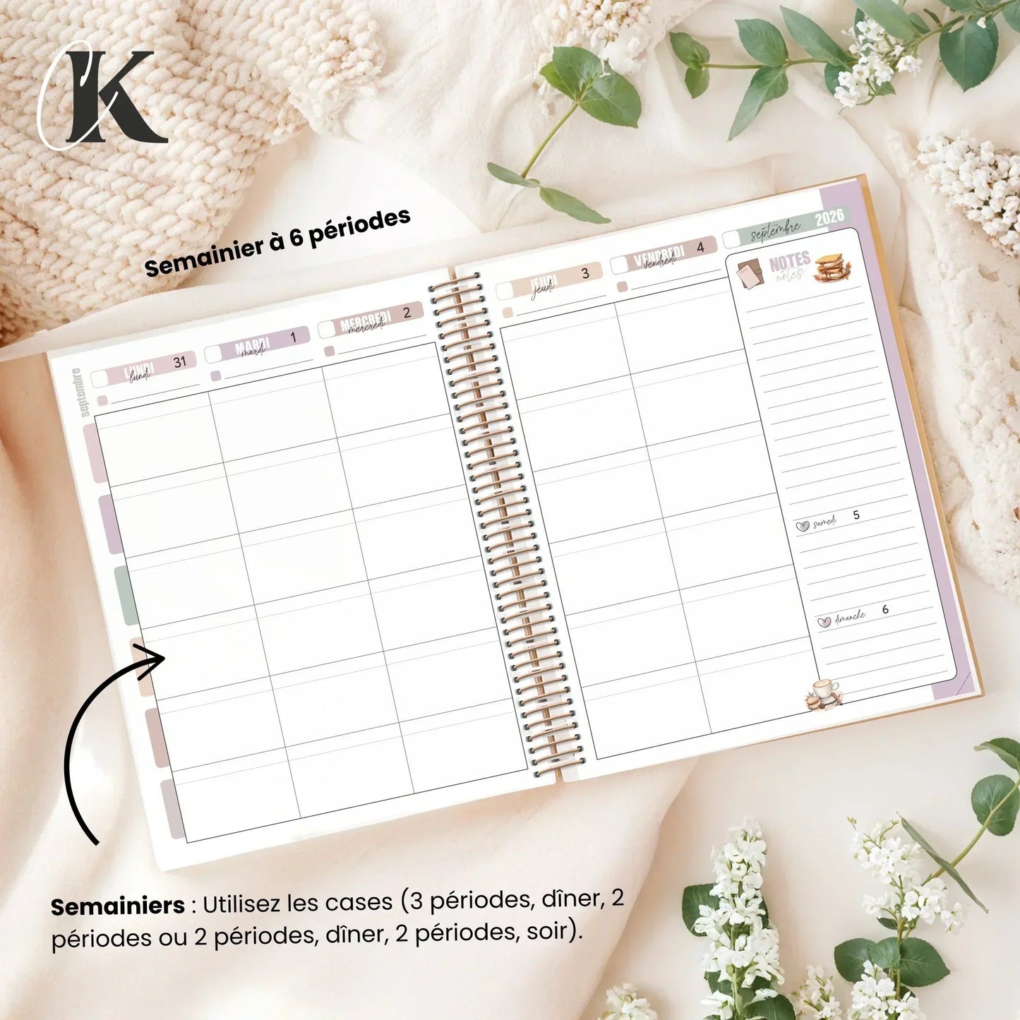 Agenda Planificateur Enseignant 2026 - 2027 | 6 périodes | Fleurie - Agendas et planificateurs